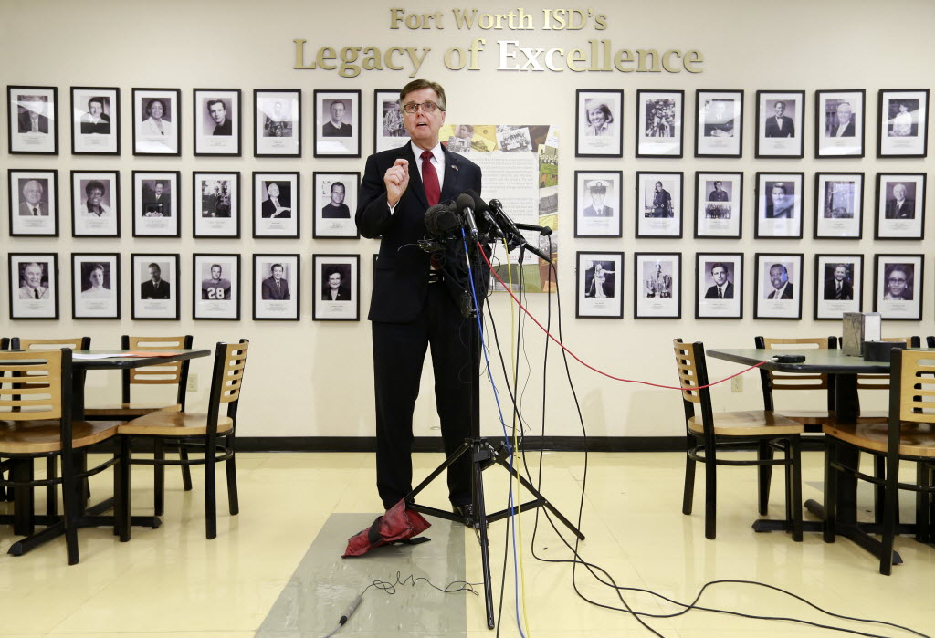 10 2016 Texas Lt. Gov. Dan Patrick standing in front of the Fort Worth ISD Legacy of Excellence wall addresses the media on Fort Worth Superintendent Kent Scribner's policy to allow transgender students comfortable acc