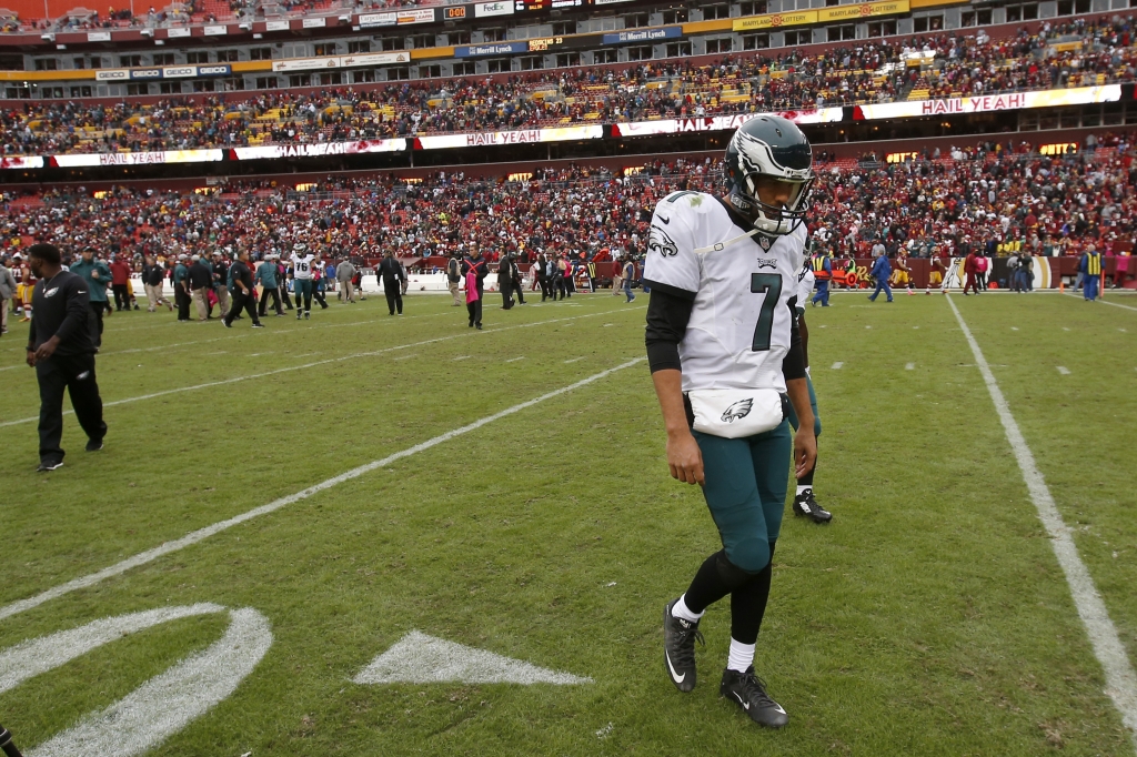 Philadelphia Eagles quarterback Sam Bradford leaves the field after an NFL football game against the Washington Redskins in Landover Md. Sunday Oct. 4 2015. The Redskins defeated the Eagles 23-20. ORG XMIT NYOTK069