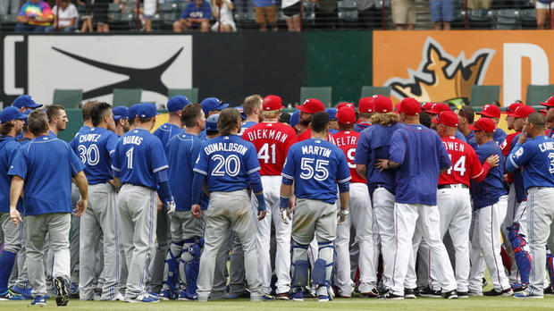 The Rangers and Blue Jays were involved in a massive brawl Sunday. Punches were thrown.                     USATSI