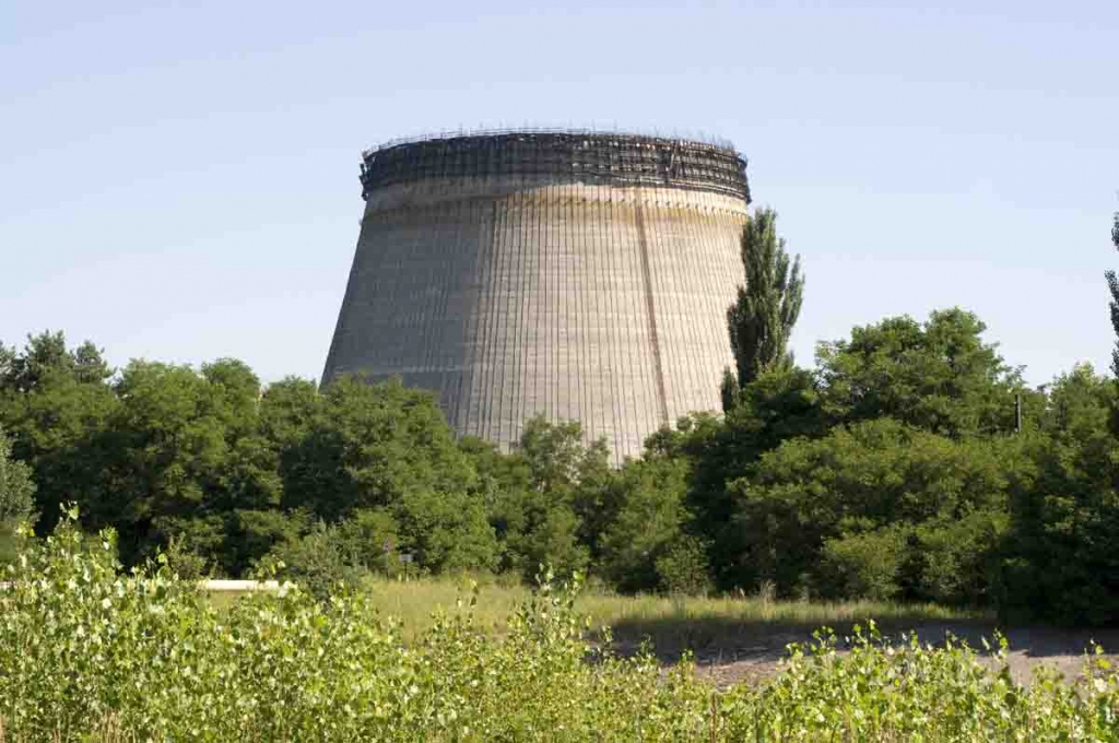 The cooling tower for an unfinished reactor at the Chernobyl Nuclear Power Plant