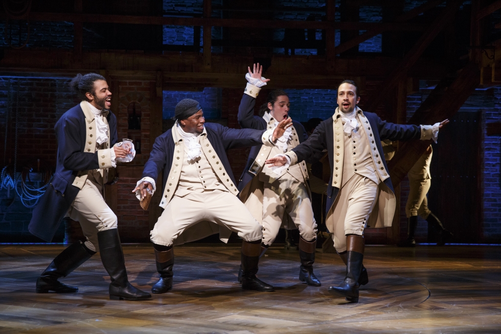 Daveed Diggs, Okieriete Onaodowan Anthony Ramos and Lin Manuel Miranda in the Broadway production of the musical'Hamilton