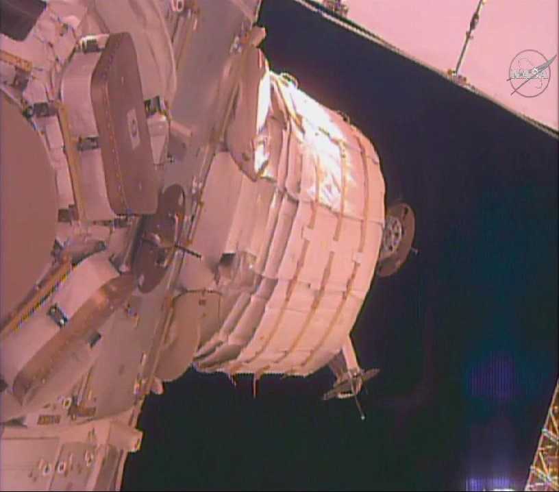 The unexpanded BEAM is seen attached to the Tranquility module. Credit NASA TV