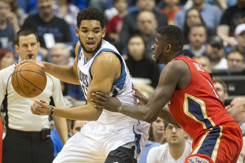 Apr 13 2016 Minneapolis MN USA Minnesota Timberwolves center Karl Anthony Towns backs up to the basket against New Orleans Pelicans forward James Ennis in the second half at Target Center. Mandatory Credit Jesse Johnson-USA TODAY Sports