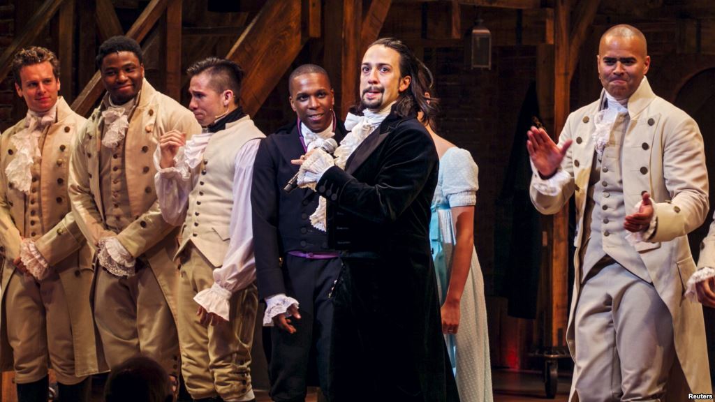 FILE- Lin Manuel Miranda actor and creator of the of the play'Hamilton' addresses the audience after the play's opening night on Broadway in New York Aug. 6 2015