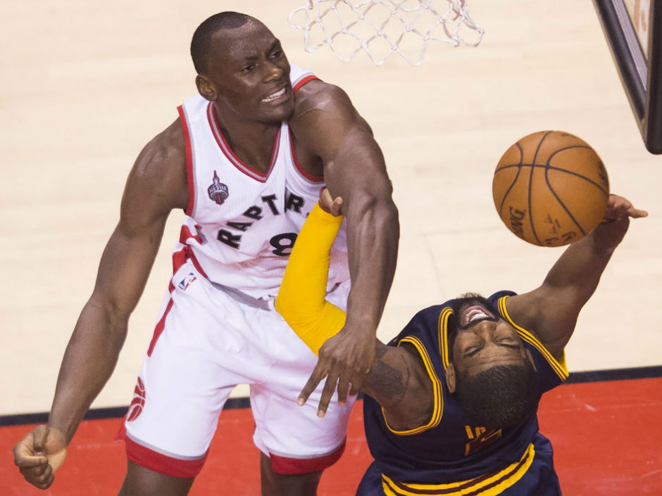 Raptors centre Bismack Biyombo rejects Cleveland Cavaliers guard Kyrie Irving during the first half of Game 3 of the Eastern Conference finals at the Air Canada Centre in Toronto on Saturday night