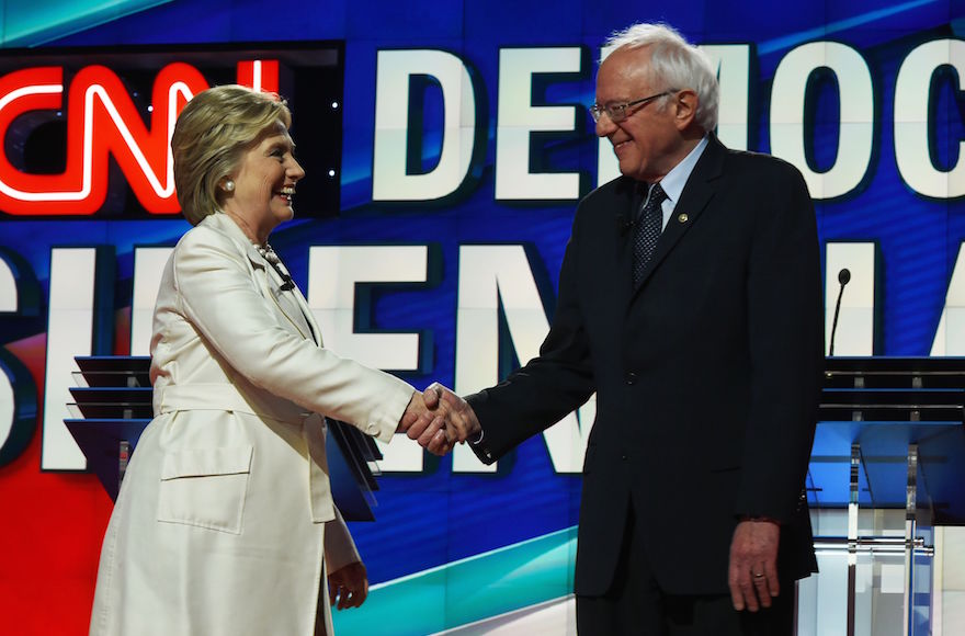 Hillary Clinton and Bernie Sanders at the CNN Presidential Debate at the Brooklyn Navy Yard in New York