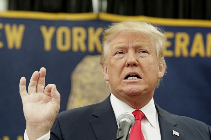 Republican presidential candidate Donald Trump speaks during a press conference with the New York Veteran Police Association in Staten Island New York on April 17,2016.  AFP  KENA BETANCUR