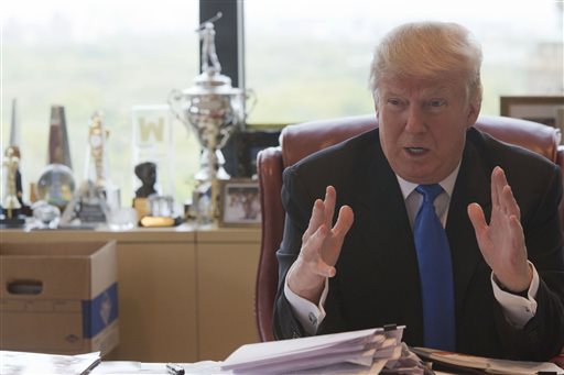 Republican presidential candidate Donald Trump gestures as he speaks during an interview with The Associated Press in his office at Trump Tower in New York. The billionai