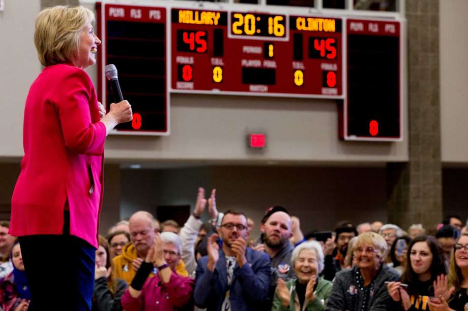 A score board reads'Hillary Clinton 2016 as Democratic presidential candidate Hillary Clinton speaks at a get out the vote event at Transylvania University in Lexington Ky. Monday