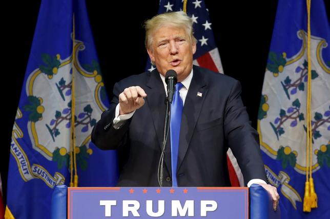 U.S. Republican presidential candidate Donald Trump speaks to supporters during a campaign rally at Crosby High School in Waterbury Connecticut U.S