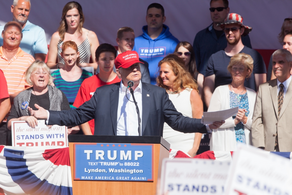 LYNDEN WA- MAY 07 Republican presidential candidate Donald Trump gives a speech during a rally at the The Northwest Washington Fair and Event Center