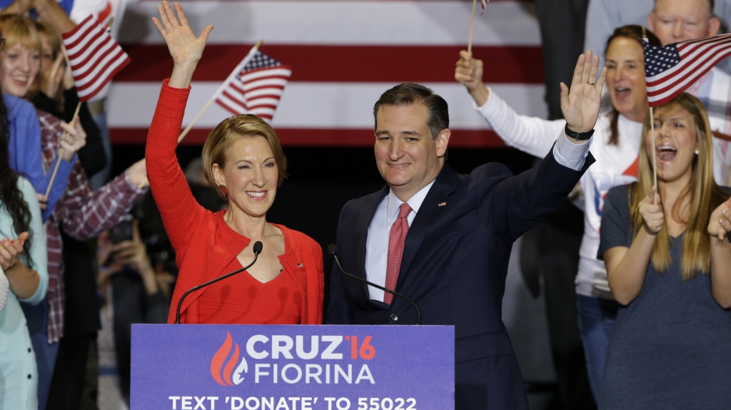 Republican presidential candidate Sen. Ted Cruz is joined by former Hewlett Packard CEO Carly Fiorina during a rally in Indianapolis on Wednesday. Cruz announced he has tapped Fiorina to serve as his running mate