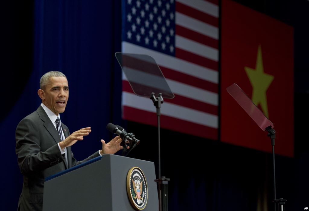 U.S. President Barack Obama speaks at the National Convention Center in Hanoi Vietnam Tuesday