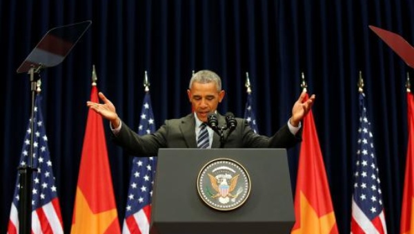 U.S. President Obama delivers a speech at the National Convention Center in Hanoi Vietnam