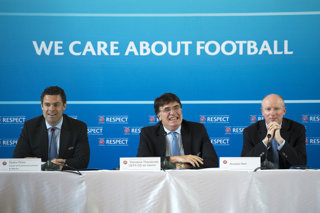 UEFA Chief of Press Pedro Pinto Secretary General ad interim Theodore Theodoridis and Legal Affairs Director Alasdair Bell from left attend a news confere