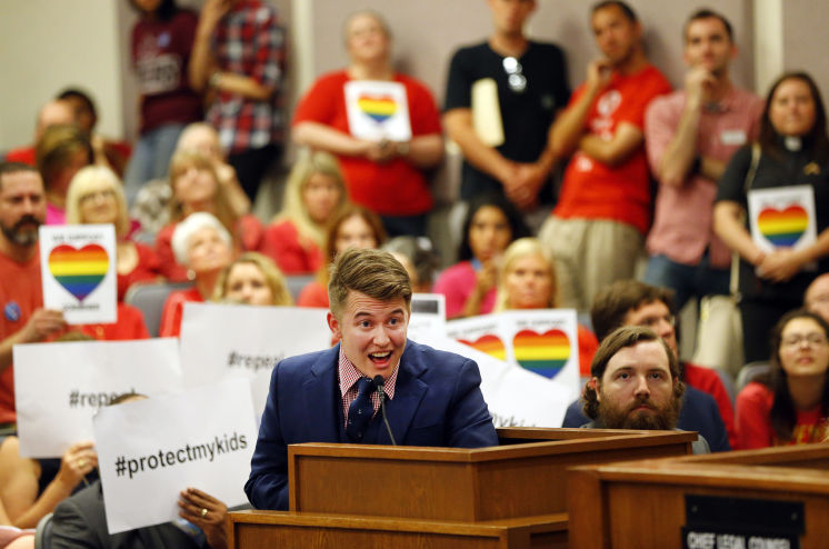 Dallas teacher Jeannot Boucher addresses the Fort Worth School Board’s transgender debate Tuesday. Texas Lt. Gov. Dan Patrick condemned officials for siding with transgender students