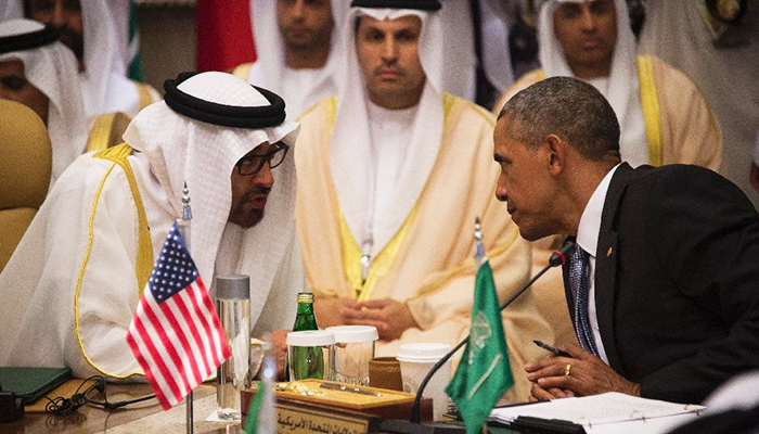 US President Barack Obama speaks with Sheikh Mohammed bin Zayed al Nahyan, Crown Prince of Abu Dhabi during the US-Gulf Cooperation Council Summit in Riyadh