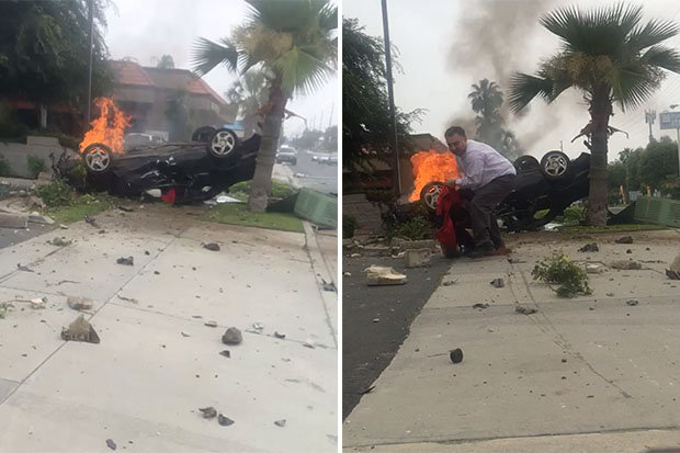 A pedestrian filming a car crash becomes hero and saves trapped man