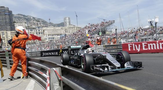 Hamilton of Britain steers his car during the third free practice at the Monaco racetrack in Monaco Monaco Saturday