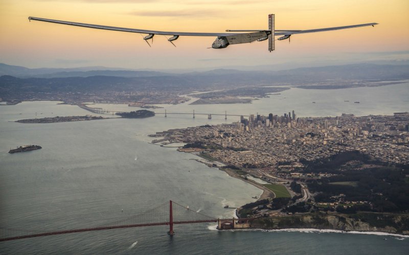 'Solar Impulse 2, a solar-powered plane piloted by Bertrand Piccard of Switzerland flies over the Golden Gate bridge in San Francisco California