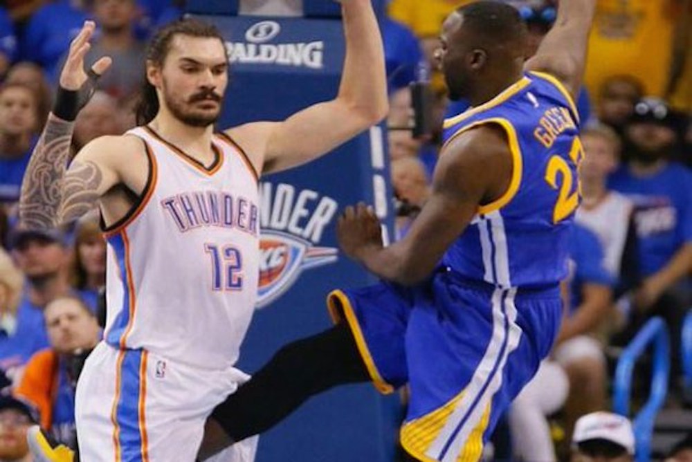 Watch: Draymond Green kicks OKC's Steven Adams in groin