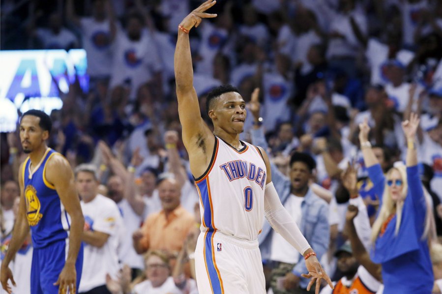 Oklahoma City Thunder guard Russell Westbrook celebrates against the Golden State Warriors during the first half in Game 4 of the NBA basketball Western Conference finals in Oklahoma City Tuesday