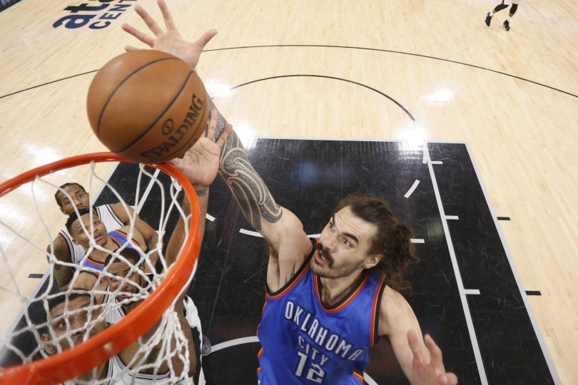 San Antonio TX USA Oklahoma City Thunder center Steven Adams and San Antonio Spurs power forward Tim Duncan go for a rebound in game five of the second round of the NBA Playoffs at AT&T Center. Mandatory Credit Soobum Im