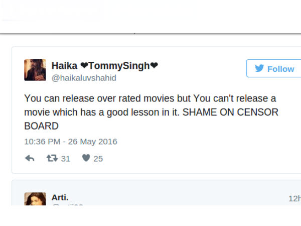 Udta Punjab Censor Board Tweet