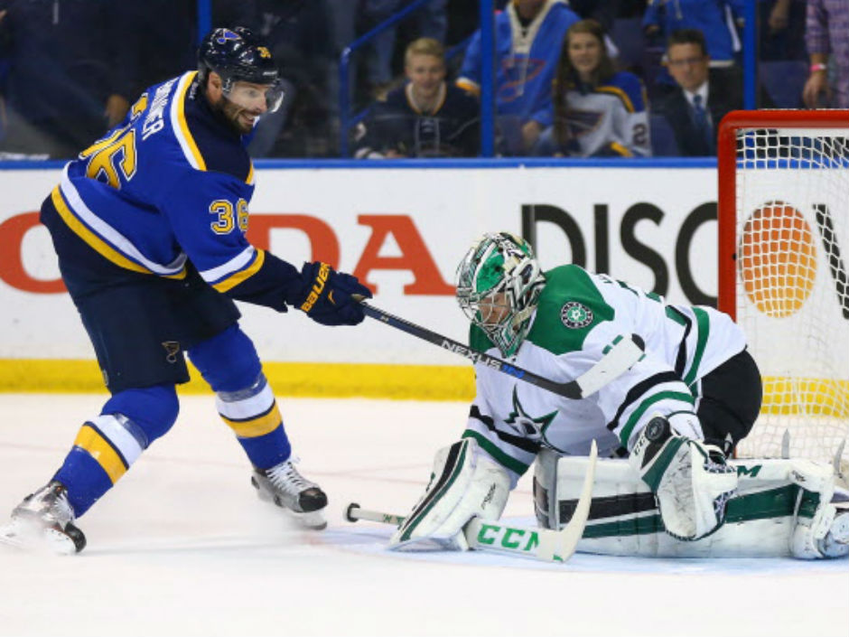 Kari Lehtonen of the Dallas Stars makes a save against Troy Brouwer of the St. Louis Blues in the Blues&#039 3-2 overtime win in Game 4 on Thursday in St. Louis