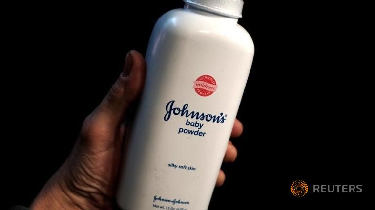 A bottle of Johnson and Johnson Baby Powder is seen in