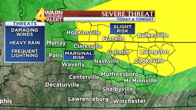 A large portion of the viewing area is including in the slight risk category for severe weather