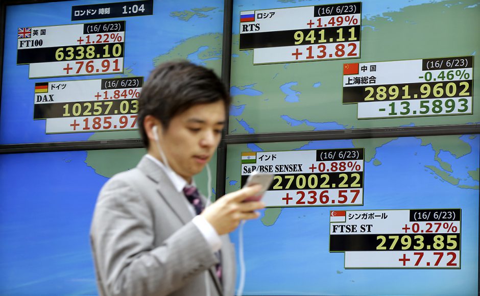 A man walks past an electronic board showing world stock exchange rates including Britain's top left at a securities firm in Tokyo Friday. Pic AP