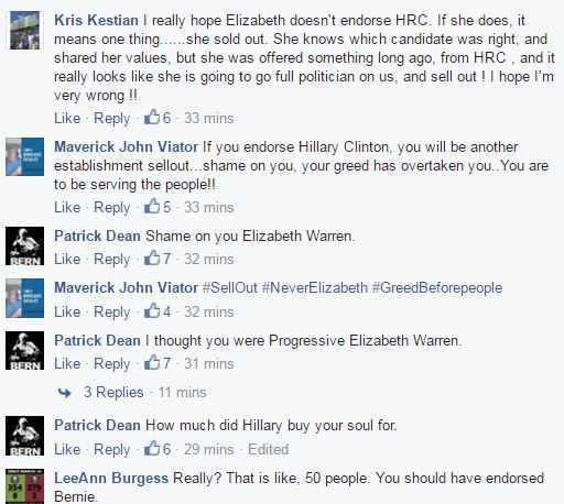 A sample of comments on Elizabeth Warren's Facebook page after news broke that she was going to endorse Hillary Clinton