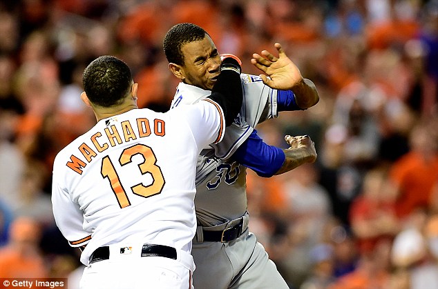 Orioles third-baseman Manny Machado, hits the Royals Yordanao Ventura in the face during the fifth inning of their game on Thursday night after taking a fastball to the back