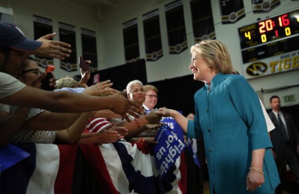 Democratic presidential candidate Hillary Clinton greets supporters