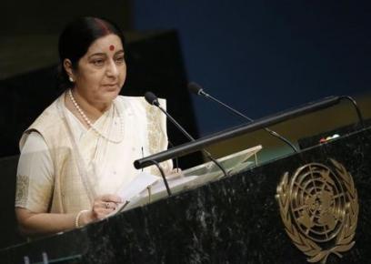 India's Minister of External Affairs Sushma Swaraj addresses attendees during the 70th session of the United Nations General Assembly at the U.N. Headquarters in New York