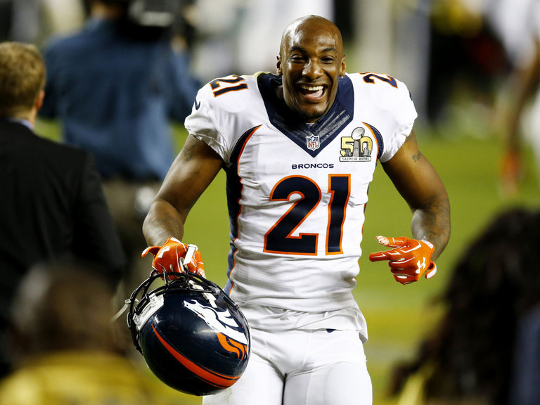 Aqib Talib of the Denver Broncos celebrates after defeating the Carolina Panthers during Super Bowl 50