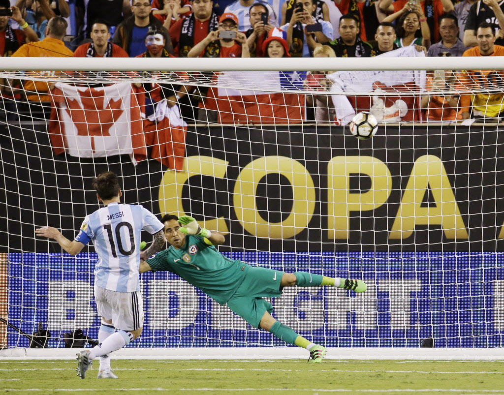 Argentina's Lionel Messi misses his shot during penalty kicks in the Copa America final Sunday. Chile won the title