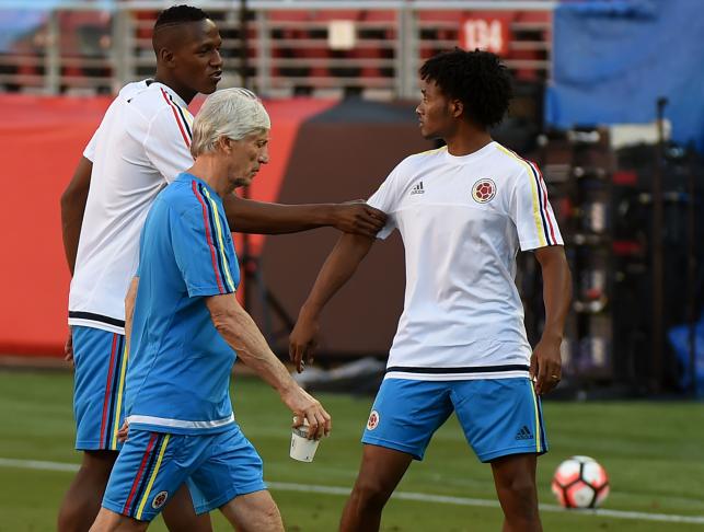 Juan Cuadrado and a teammate train with the Colombia men's soccer team before their opening COPA America 2016 match against the US at the Levi's Stadium in Santa Clara on Thursday