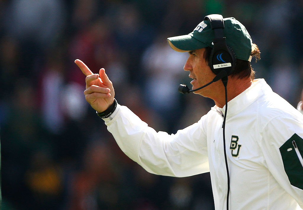 WACO TX- DECEMBER 5 Head coach Art Briles talks to his players from the sideline against the Texas Longhorns at Mc Lane Stadium