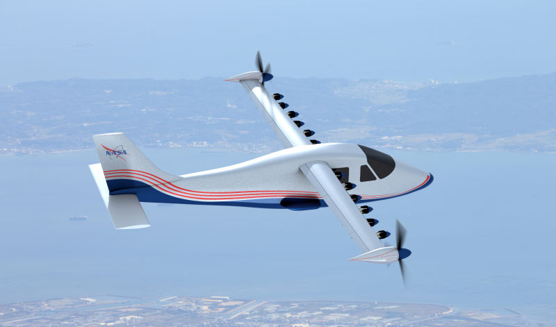 Artist’s concept of NASA’s X-57 aircraft. Image NASA Langley  Advanced Concepts Lab AMA Inc