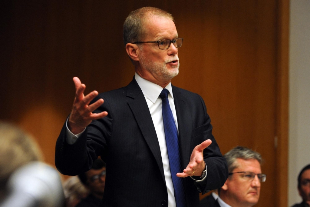 James Voghts attorney for Remington Arms speaks in Superior Court in Bridgeport Conn. on Monday. Superior Court Judge Barbara Bellis heard arguments brought to dismiss a wrongful death lawsuit against a rifle maker Remington Arms over the Sandy Hook E