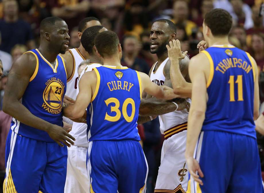 Warriors Draymond Green 23 gets an earful from the Cavaliers Le Bron James over a foul during the fourth quarter as the Golden State Warriors went on to beat the Cleveland Cavalier 108-97 in game 4 of the NBA Championship at Quicken Loans Arena in Cle