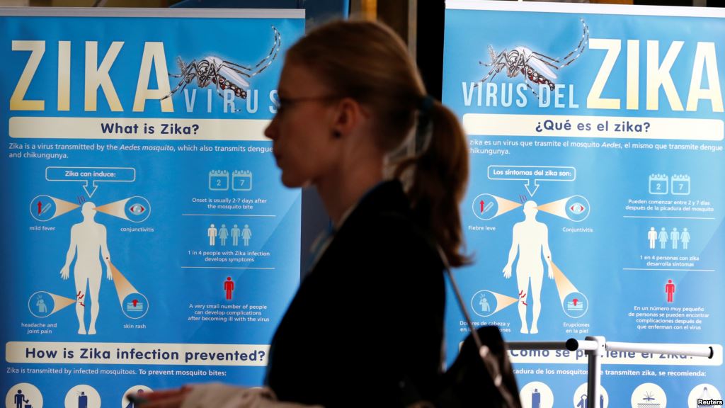 FILE- Material to prevent Zika infection by mosquitoes are displayed at the 69th World Health Assembly at the United Nations European headquarters in Geneva Switzerland