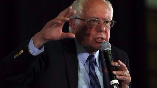 Bernie Sanders speaks during a panel with Asian Americans and Pacific Islanders in Palo Alto Calif