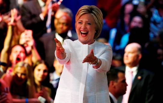 Democratic U.S. presidential candidate Hillary Clinton reacts before speaking to supporters at her California primary night rally held in the Brooklyn borough of New York U.S