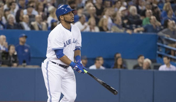 Jun 10 2016 Toronto Ontario CAN Toronto Blue Jays designated hitter Edwin Encarnacion reacts after hitting a home run against the Baltimore Orioles during the tenth inning in a game at Rogers Centre. The Blue Jays won 4-3