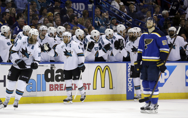 San Jose Sharks center Joe Pavelski celebrates with teammates after scoring a goal during the second period in Game 5 of the NHL hockey Stanley Cup Weste