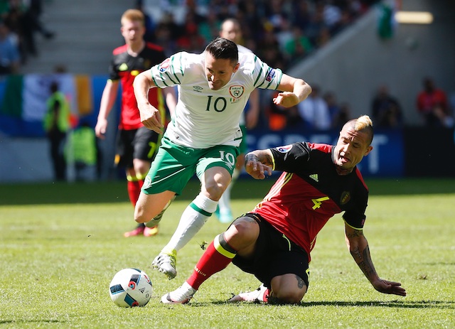 Republic of Ireland's Robbie Keane in action with Belgium's Radja Nainggolan. Reuters