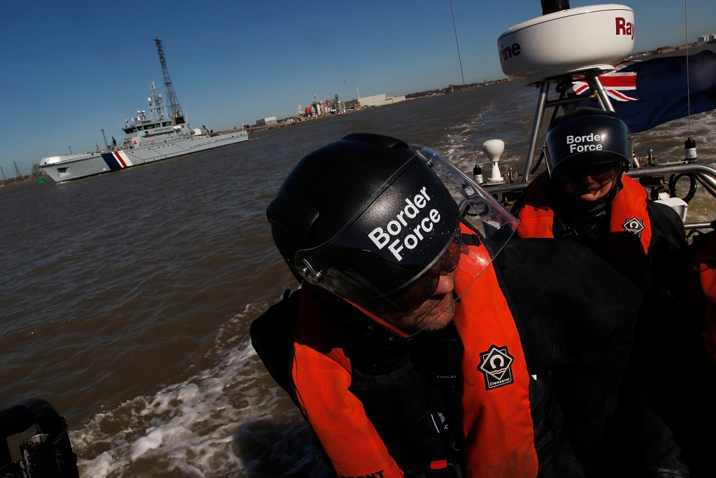 Border Force officers on patrol in a rigid inflatable boat Mary Turner  Getty Images